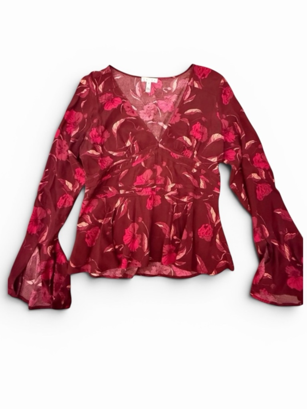Leith Burgundy Floral V-Neck Peplum Top with Bell Sleeves Size Small